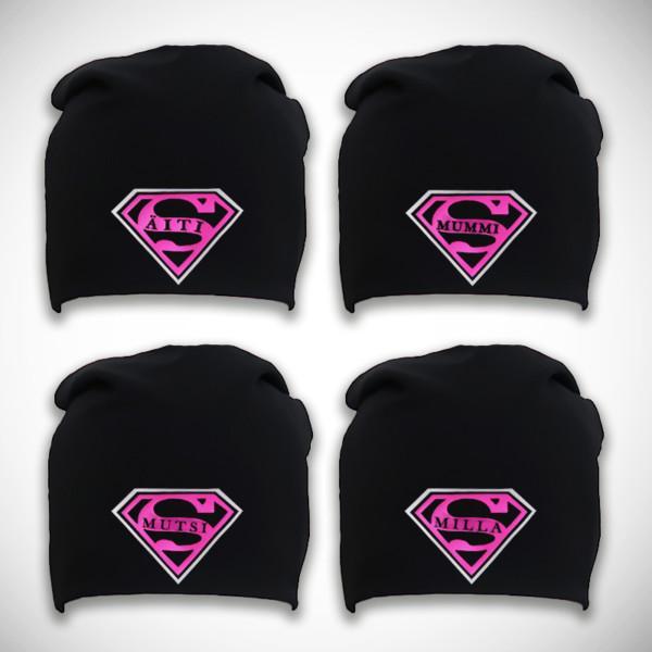 Mustia trikoopipoja erilaisilla super-logo vaihtoehdoilla