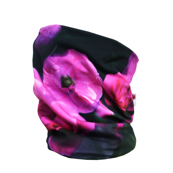 Musta tuubihuivi lilalla kukkakuosilla