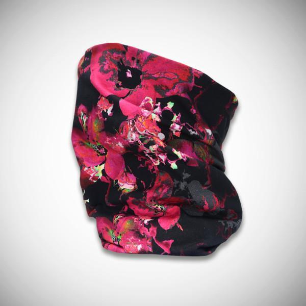 Musta tuubihuivi pinkillä liljakuosilla